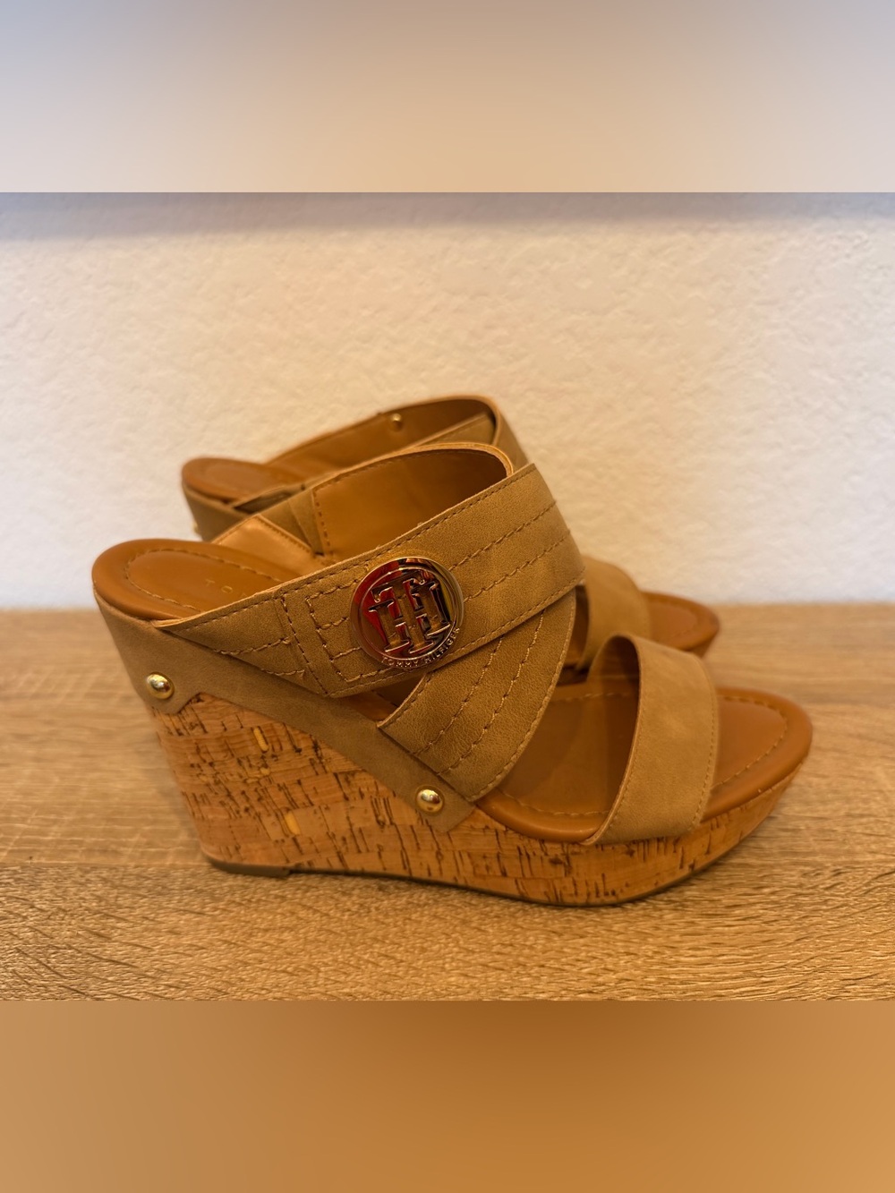 Tommy Hilfiger Tan Suede Cork Wedge Sandals